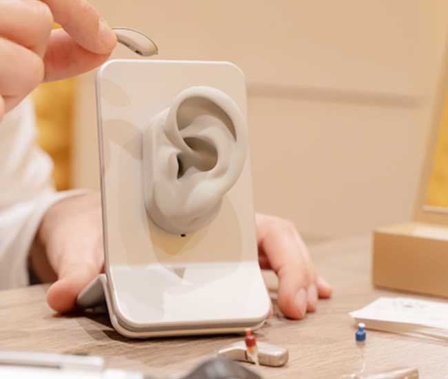 Mano che posiziona un apparecchio acustico su un modello di orecchio