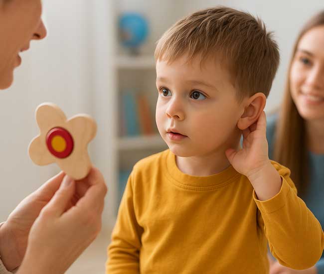 Bambino che ascolta attentamente durante un gioco educativo, simbolo dell’importanza di riconoscere precocemente i segnali di ipoacusia nei bambini
